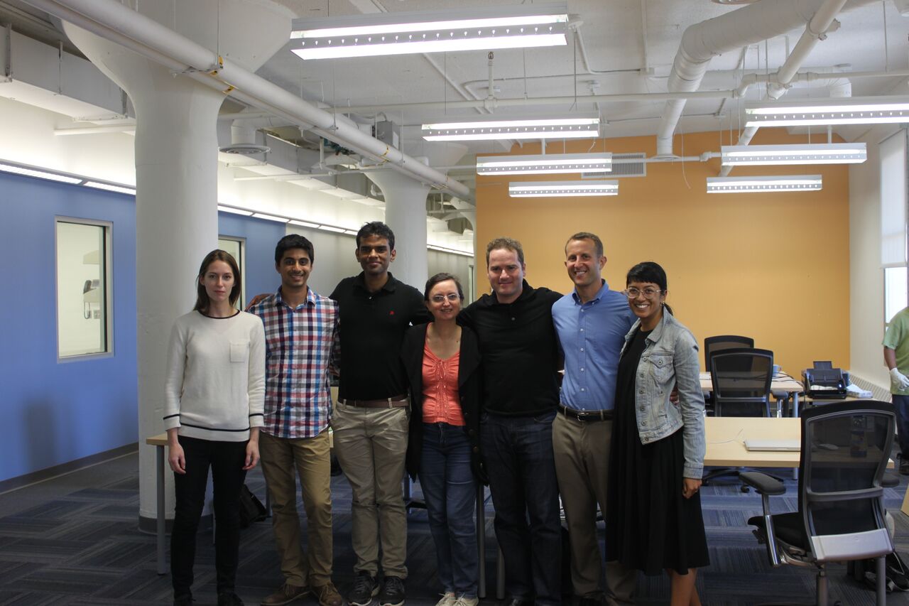 photo of Sarah Sclarsic of Modern Meadow, Ryan Pandya and Perumal Gandhi of Muufri, Francoise Marga and Andras Forgacs of Modern Meadow, Paul Shapiro of the Humane Society of the United States, and Isha Datar of New Harvest at Modern Meadow’s office. 
