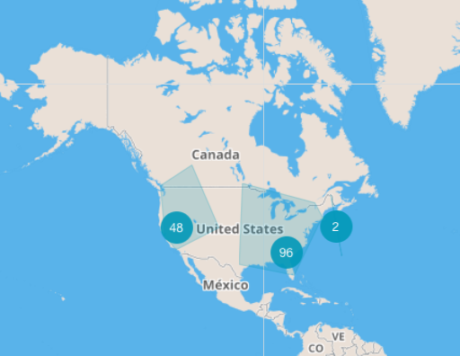 Map showing that 48 donors were from the west coast of north america, 96 donors were from southeast north america and 2 were from the east coast north america.