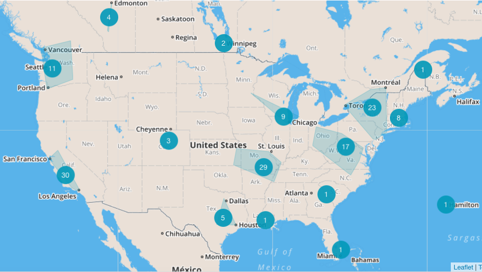 graph showing which states and provinces the donors are from 