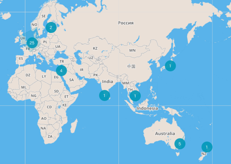 Map showing the donors from Europe, Asia, Australia and New Zealand. 