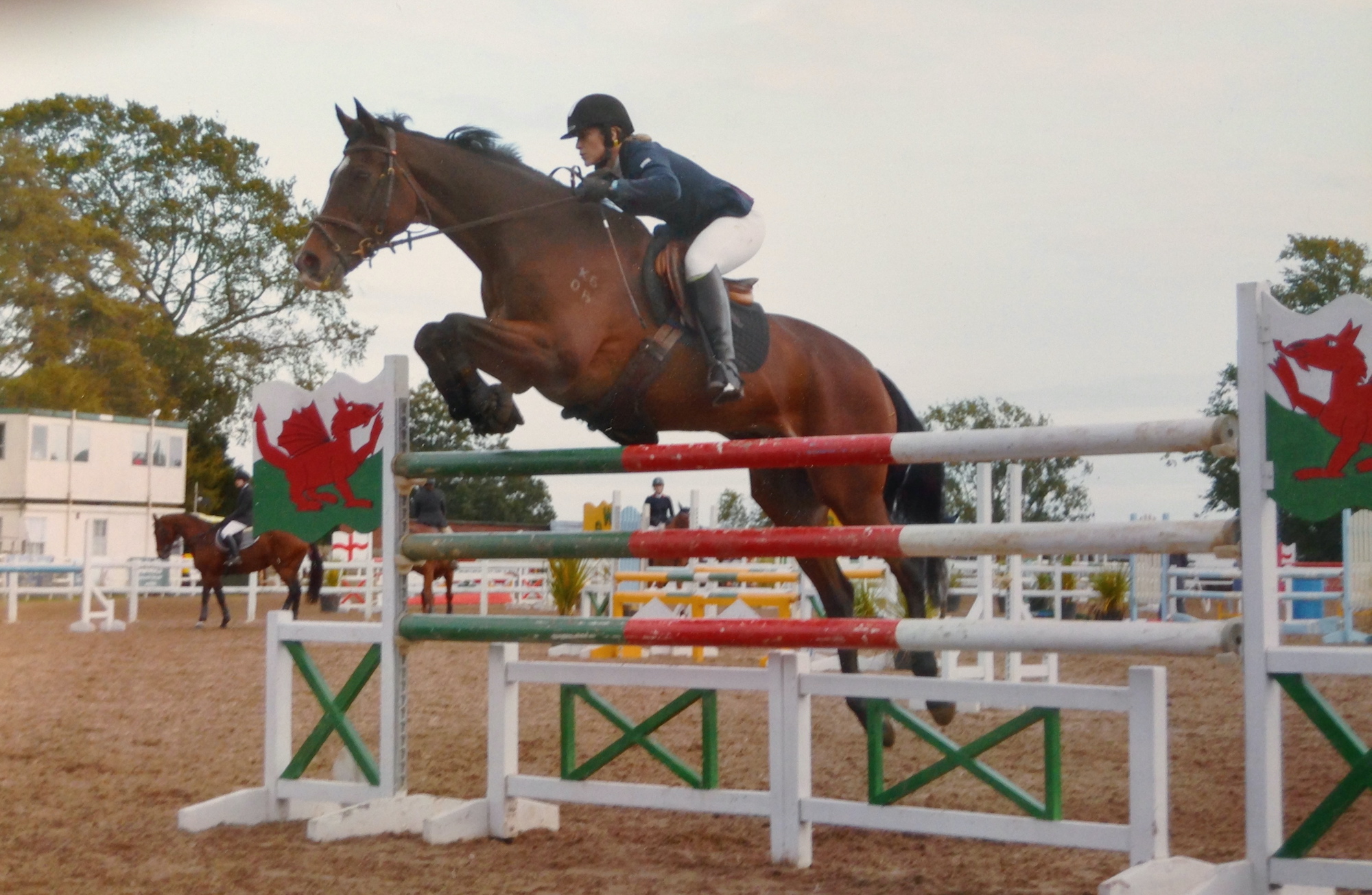 Marianne on a horse jumping over a post 