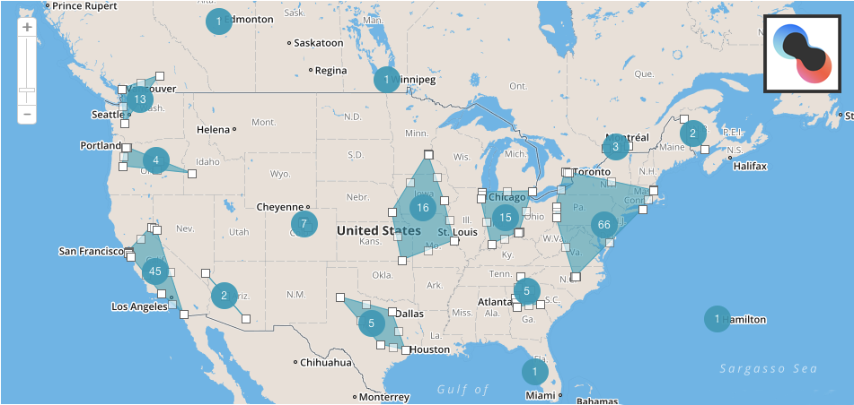 Map highlighting places that donated to New Harvest in the US.