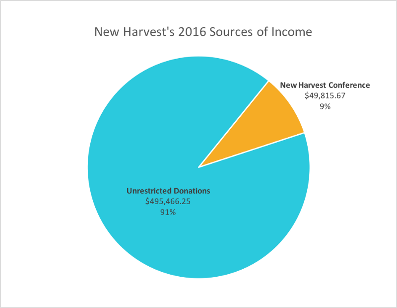 Pie chart showing sources of income. The conference made NH $49,815 and donations made up $495,466