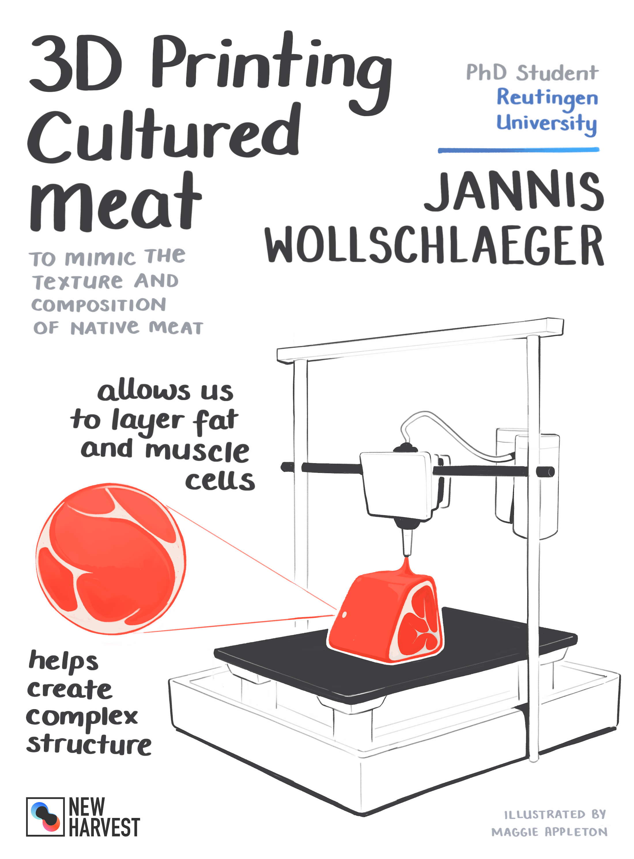 Graphic describing how Jannis 3D prints meat 