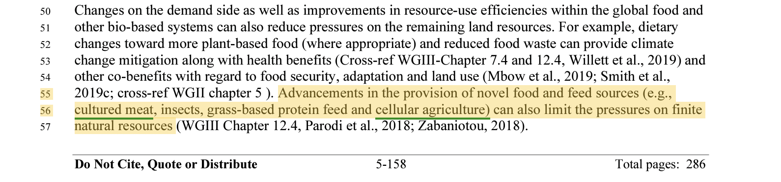Screenshot of chapter 5 page 158 of the IPCC WGII Sixth Assessment Report where cultured meat and cellular agriculture are mentioned as ways to limit the pressures on finite natural resources.